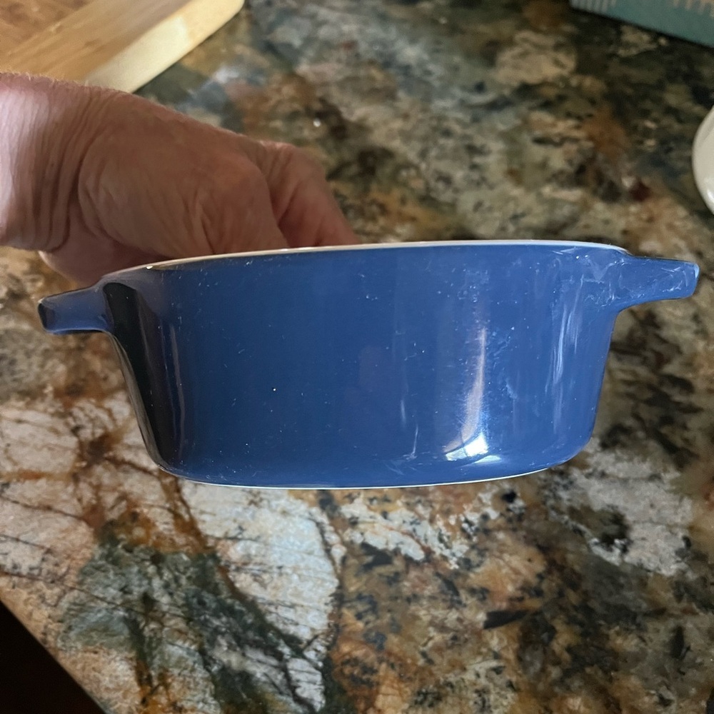 small casserole. Blue and white 6 X 4 appx.  oven proof  holds 12 oz